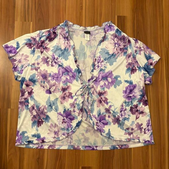 4x ruffled short sleeve white front tie cardigan with blue and purple flowers - Picture 1 of 5